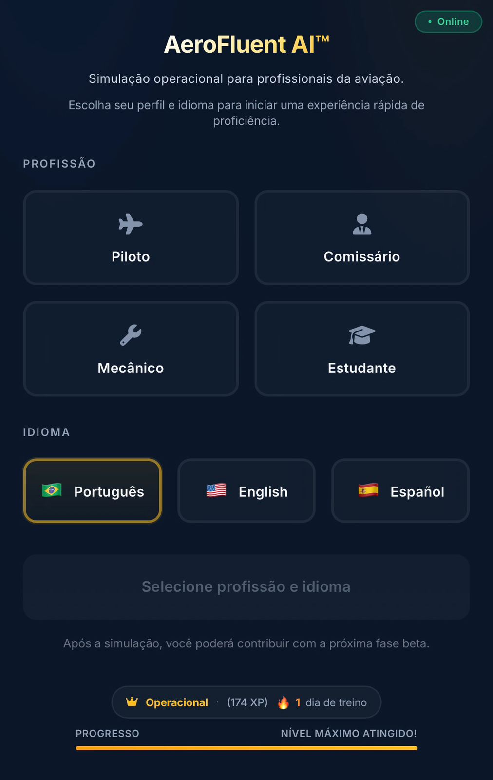 AeroFluent AI — career and language selection screen